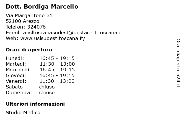 Orari di apertura Dott. Bordiga Marcello Via Margaritone